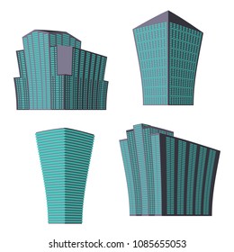Set of four modern high-rise building on a white background. View of the building from the bottom. Isometric vector illustration.
