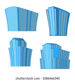 Set of four modern high-rise building on a white background. View of the building from the bottom. Isometric vector illustration.
