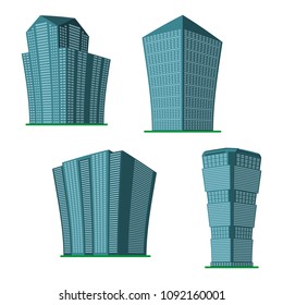 Set of four modern high-rise building on a white background. View of the building from the bottom. Isometric vector illustration.
