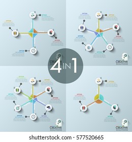 Set of four modern infographic design templates, circular diagrams with 3, 4, 5, 6 round elements, pictograms and text boxes. Features of strategic planning concept. Vector illustration for website.