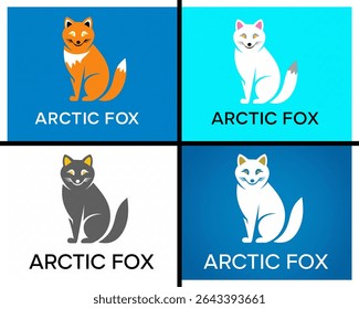 A set of four modern and minimalist logo designs featuring the iconic arctic fox in various color palettes.