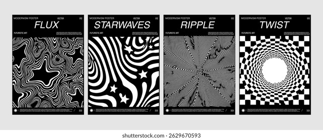 Conjunto de quatro cartazes modernos com arte em linha abstrata em preto e branco, criando ilusões ópticas, ondas e padrões de vórtice ideais para design futurista e contemporâneo.