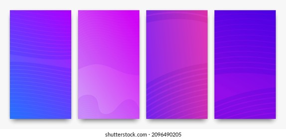 Set of four modern purple gradient backgrounds with wave lines. Bright geometric abstract presentation backdrops. Vector illustration