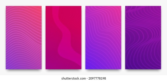 Set of four modern purple gradient backgrounds with wave lines. Bright geometric abstract presentation backdrops. Vector illustration