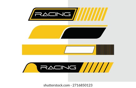 Conjunto de cuatro modernos Anuncios de carreras y rayas en colores amarillo y negro, Elementos gráficos de Vector para la marca deportiva y el diseño.