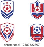 Set of four modern red and blue football shield badges featuring soccer balls, stars, chevrons, stripes, and geometric panels. Ideal for football clubs, sports teams, academies, tournaments, jerseys, emblems, and branding projects.