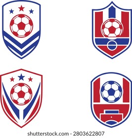 Set of four modern red and blue football shield badges featuring soccer balls, stars, chevrons, stripes, and geometric panels. Ideal for football clubs, sports teams, academies, tournaments, jerseys, emblems, and branding projects.