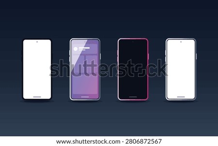 A set of four modern smartphone mockups displaying user interface layouts and screens, presented on a solid blue background for app design showcases
