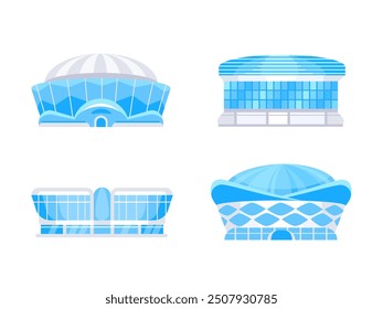 Conjunto de cuatro modernos estadios y estadios con diseños elegantes, que muestran el mundo del deporte y el entretenimiento