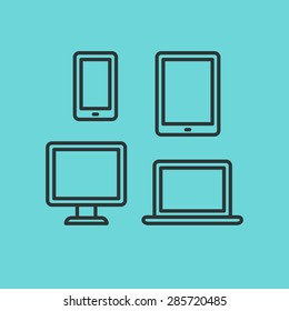 Set of four modern thin line icons of electronic devices: smartphone, tablet, laptop and desktop computer.