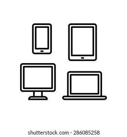 Set of four modern thin line icons of electronic devices: smartphone, tablet, laptop and desktop computer.
