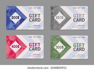 Set of four modern vector gift card templates with polygonal abstract elements in red green blue and gray colors with value tags. Geometric style for business promo and discount banners.