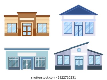 Set of four modern veterinary clinic building facades in flat colorful style