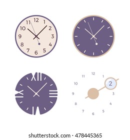 Set of four modern wall clocks isolated against white background. Cartoon vector flat-style illustration
