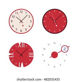 Set of four modern wall clocks isolated against white background. Cartoon vector flat-style illustration
