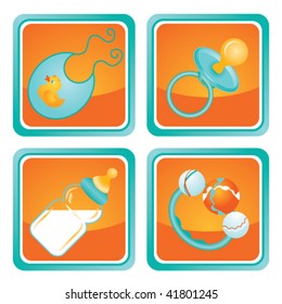 A set of four modern Web 2.0 icons with baby accessories: pacifier, bottle with milk, rattle and bib.