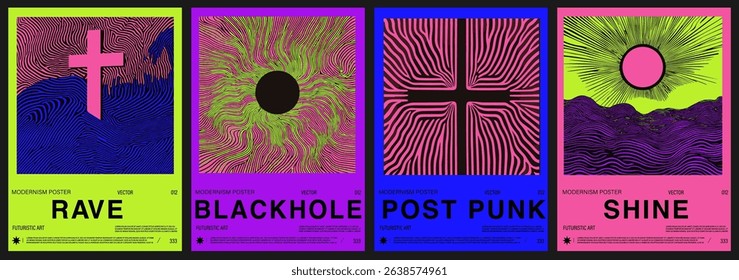 Set of four modernist posters features abstract wavy op-art patterns in neon pink, blue, green, and yellow. The popular futuristic style merges modernism, bold color, and experimental graphic design.
