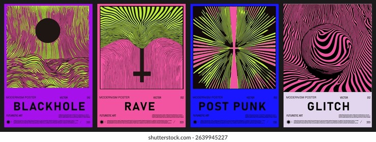 Set of four modernist posters features abstract wavy op-art patterns in neon pink, blue, green, and yellow. The popular futuristic style merges modernism, bold color, and experimental graphic design.