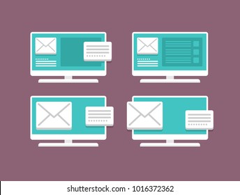 Set of four monitors, screen, display, with chats and messages. Concept illustration, vector, isolated.