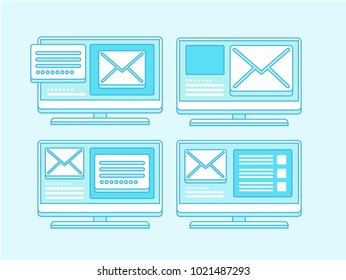 Set of four monitors, screen, display, with chats and messages. Blue outline, contour. Concept illustration, vector, isolated.
