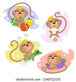 Set of four monkeys with healthy vegetables like bell pepper, onion, leek and eggplant (flat color kawaii illustration)
