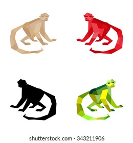 A set of four monkeys. Polygonal light brown monkey, red polygon, black silhouette and bright yellow green monkey symbol of new 2016.