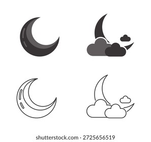 Conjunto de cuatro ilustraciones monocromáticas que representan lunas y nubes crecientes, incluidos estilos de contorno y relleno, adecuados para el Clima, el cielo nocturno y los Elementos de diseño celestes.