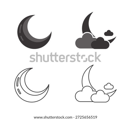 Set of four monochromatic illustrations depicting crescent moons and clouds, including both filled and outline styles, suitable for weather, night sky, and celestial design elements.