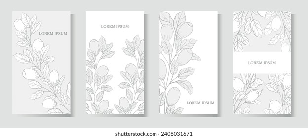 Set of four monochrome backgrounds in botanical theme. A branch with berries on a card, invitation, label, cover. Delicate vector print in shades of gray.