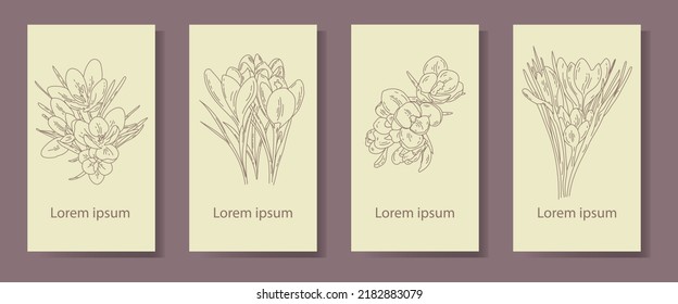 Set of four monochrome backgrounds with flower outlines. Flat illustration with floral elements. Gentle design for postcards, flyers, invitations, flyers, cards, packaging, labels.