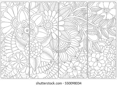 Set of four monochrome bookmarks .Floral doodling for coloring
