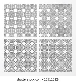 A set of four monochrome geometrical patterns. White, gray grille texture in Arabic, Oriental style. A seamless vector abstract background.