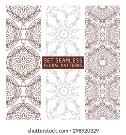 A set of four monochrome geometrical patterns. White, blue grille texture in Arabic, Oriental style. A seamless vector background.