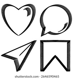 Set of four monochrome hand-drawn icons, including heart, speech bubble, paper airplane, and bookmark, symbolizing social interaction, communication, and engagement in digital contexts.