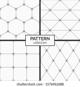 Set of four monochrome vector seamless patterns. Repeating geometric shapes tiles. Dots connected with lines. Circles on the corners of shapes. Modern stylish textures. Linear style.