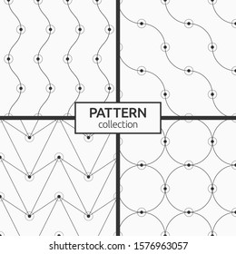 Set of four monochrome vector seamless patterns. Repeating geometric shapes tiles. Dots connected with lines. Circles on the corners of shapes. Modern stylish textures. Linear style.