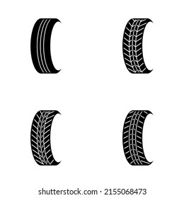 Set of four monochrome vector tire icons or pictograms on white background. Pneumatic symbols.