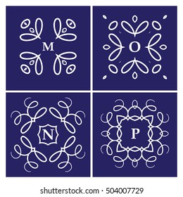 set of four monogram, white on a blue background.