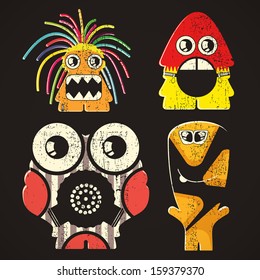 Set of four monsters on retro grunge background