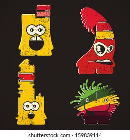 Set of four monsters on retro grunge background