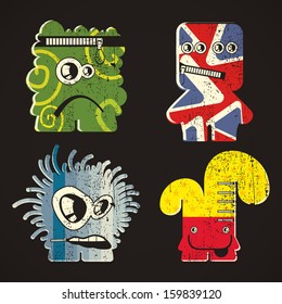 Set of four monsters on retro grunge background