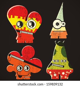 Set of four monsters on retro grunge background