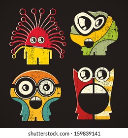 Set of four monsters on retro grunge background