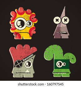 Set of four monsters on retro grunge background