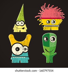 Set of four monsters on retro grunge background