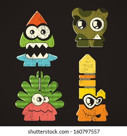 Set of four monsters on retro grunge background