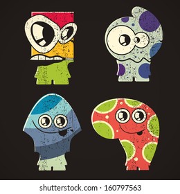 Set of four monsters on retro grunge background