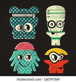 Set of four monsters on retro grunge background