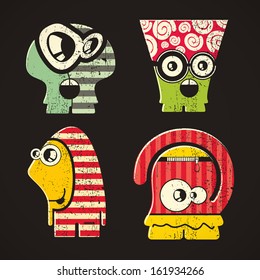 Set of four monsters on retro grunge background