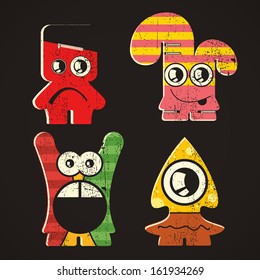 Set of four monsters on retro grunge background